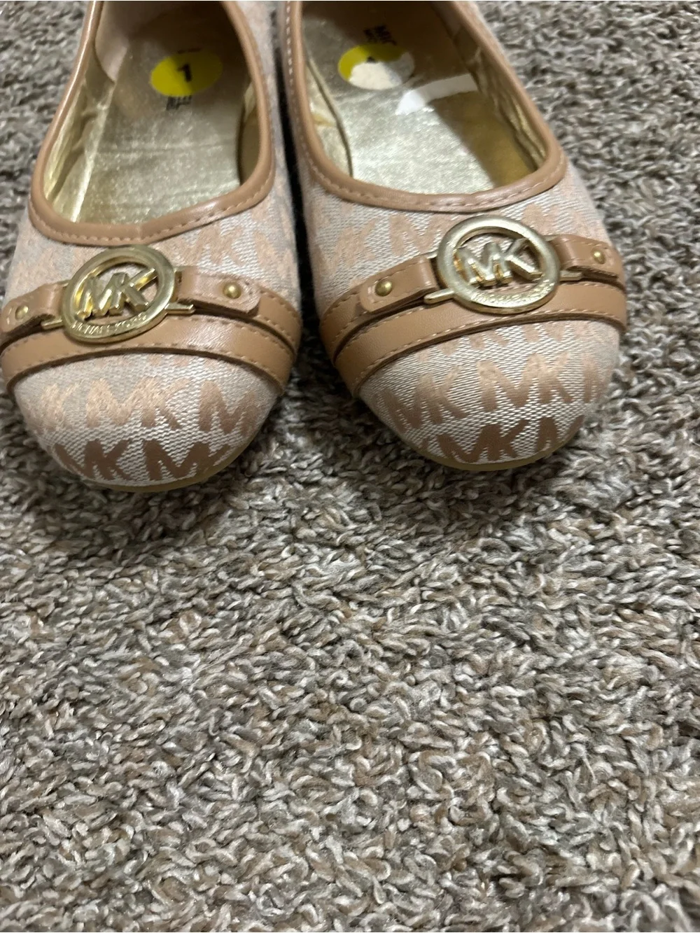 Michael Kors Beige Logo Jacquard Ballet Flats with Gold MK Medallion